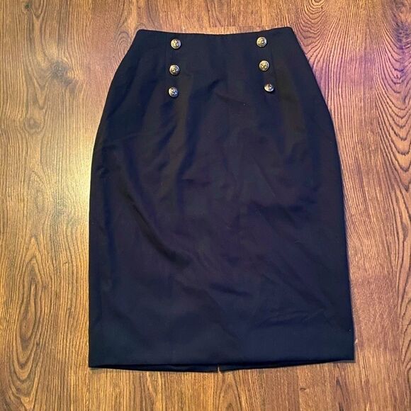 🌹 Lauren Jeffries 🌹 Vintage Black Knee Length Skirt With Gold Deco Buttons - Picture 14 of 16